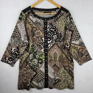 XL Knit Top V Neck Brown Beaded Colorful Print Pullover 3/4 Sleeve Tunic Boho